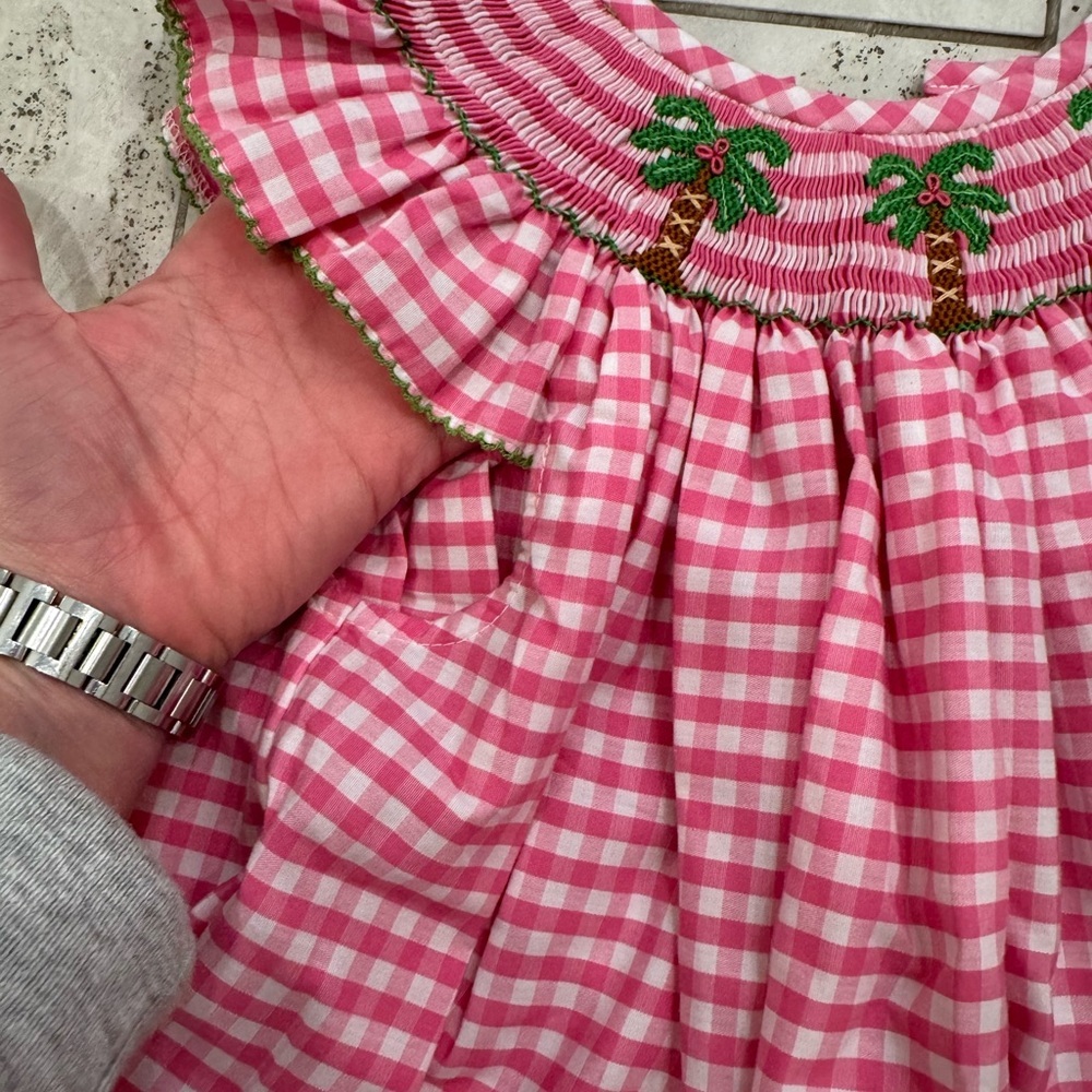 Southern Sunshine Palm Tree Smocked Plaid Ruffle Dress - Picture 3 of 7
